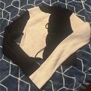 Zara cropped black/white tie front sweater